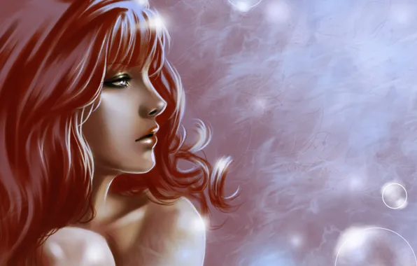 Girl, face, hair, art, profile, red, puziriki