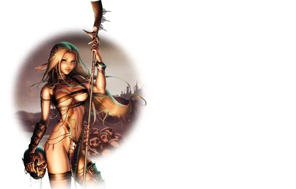 Girl, figure, head, art, white background, skull, staff