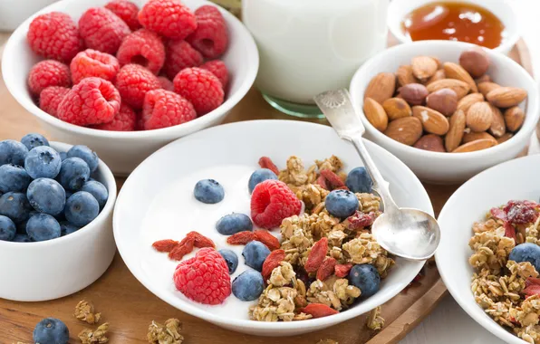 Picture berries, raspberry, Breakfast, milk, almonds, blueberries, granola