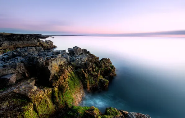Picture sea, sunset, rocks, shore, moss