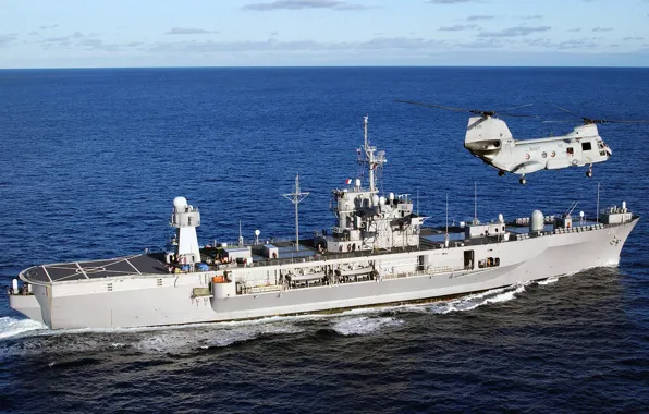 Sea, clouds, helicopter, warship