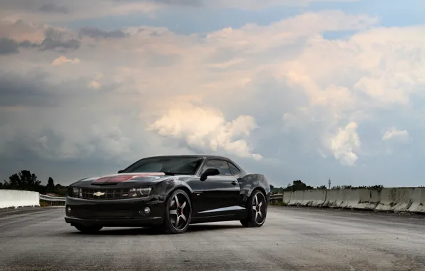 Picture road, the sky, clouds, black, Chevrolet, chevrolet, clouds, camaro ss