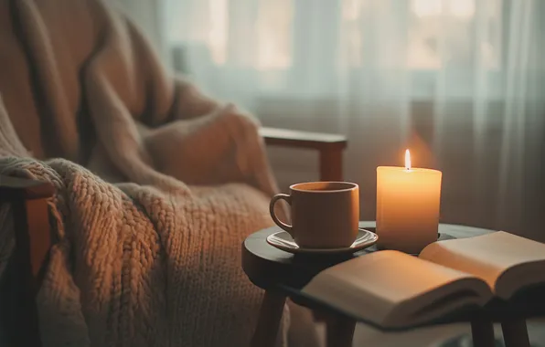 Comfort, room, coffee, chair, window, Cup, curtains, book