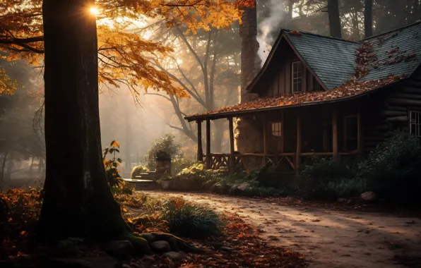 Autumn, forest, the sun, light, trees, fog, house, Park