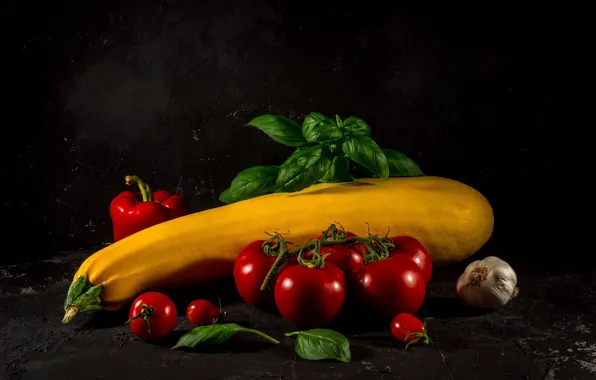 Greens, yellow, the dark background, harvest, fruit, red, pepper, still life