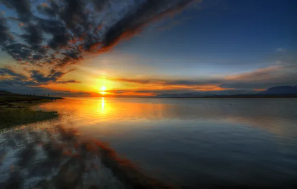 Picture the sky, water, the sun, clouds, sunset, lake, reflection, river