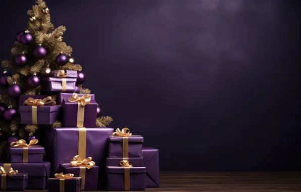 Balls, the dark background, Christmas, purple, gifts, New year, tree, bows