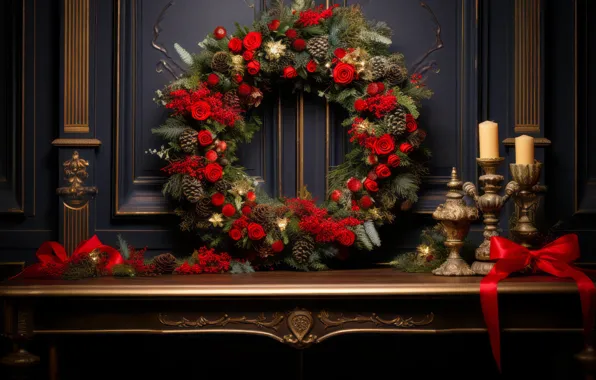 Flowers, branches, wall, roses, candles, Christmas, shelf, red