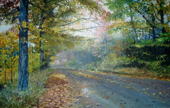 Road, forest, trees, landscape, foliage, picture, painting, Lutsenko