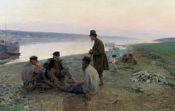Picture river, oil, canvas, the elderly, Alexey KORIN, The haulers. 1897