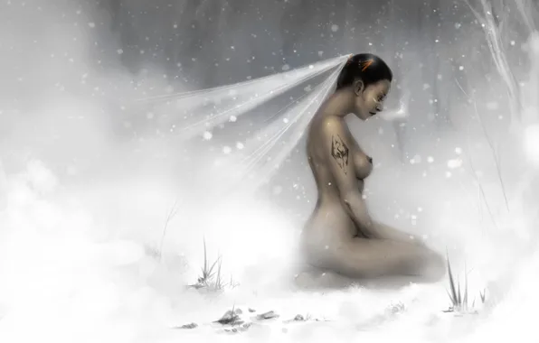 Girl, snow, tattoo, art, veil, Skyrim, naked, Redguard