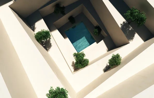 Picture water, pool, art, stage, white, the bushes, the view from the top, levels