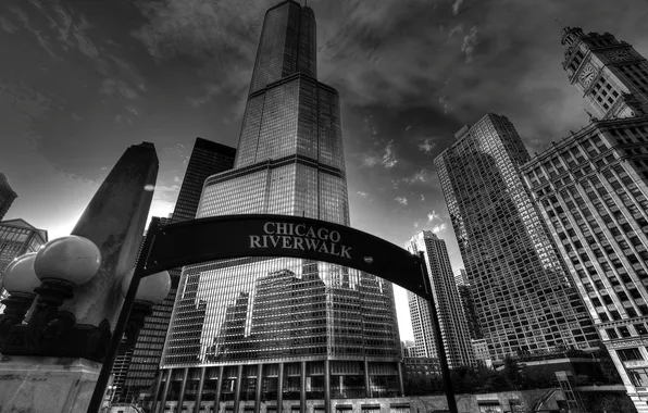 The sky, clouds, the city, building, skyscrapers, Chicago, black and white, Il