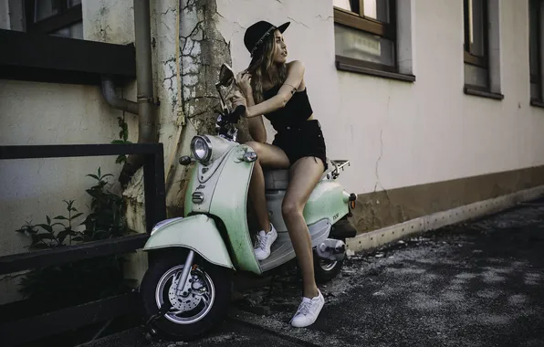 Picture summer, girl, street, shorts, hat, moped
