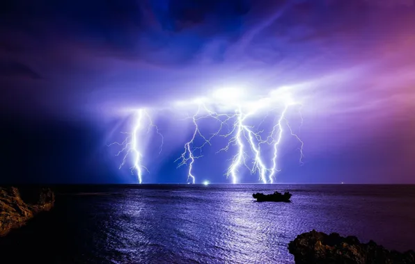 Sea, the storm, clouds, lightning, boat