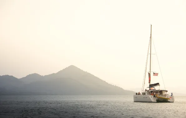 Picture the ocean, shore, morning, catamaran