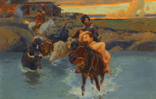 Picture Girl, Picture, Horse, River, Cossacks, Cows, Russian battle artist, Franz Roubaud