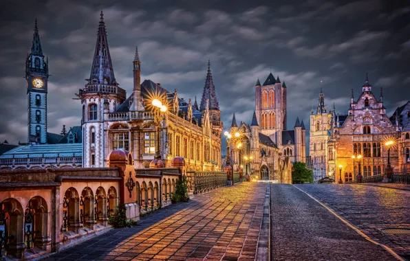 Picture night, lights, building, Belgium, bridge, Ghent