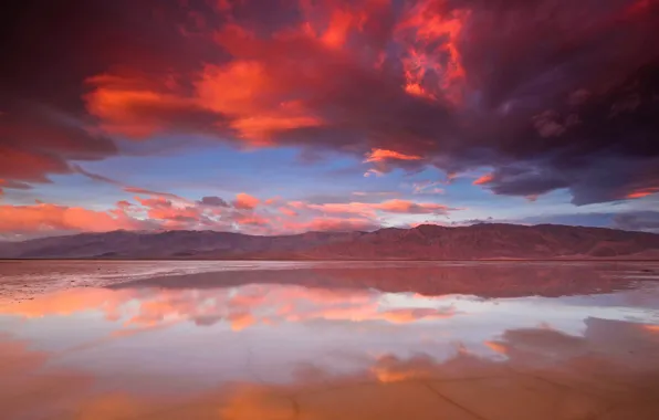 Clouds, sunset, mountains, lake, reflection