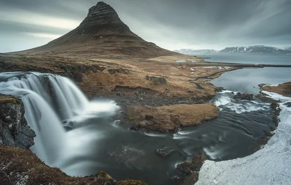 Winter, the sky, snow, mountains, river, overcast, rocks, for