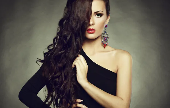 Look, decoration, brunette, black dress, gesture, long hair, beautiful girl, charm