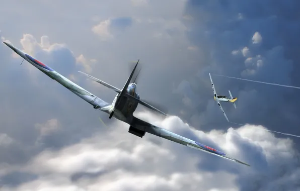 Aviation, graphics, art, Spitfire, bf-109, emil, man and machine