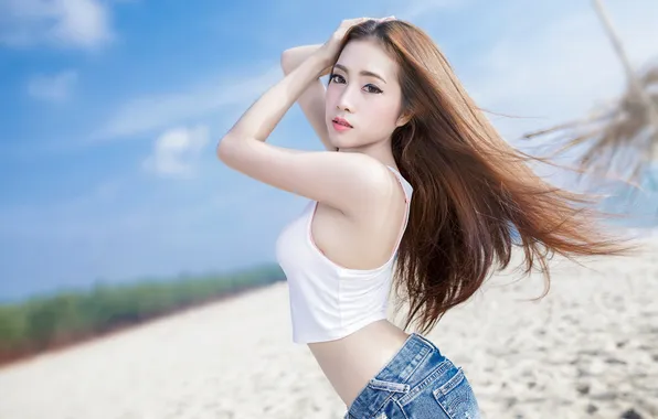 Sand, beach, look, the sun, sexy, pose, model, portrait