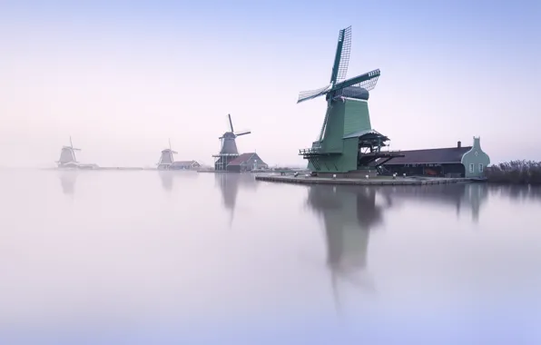 Nature, fog, morning, Mystic Windmills