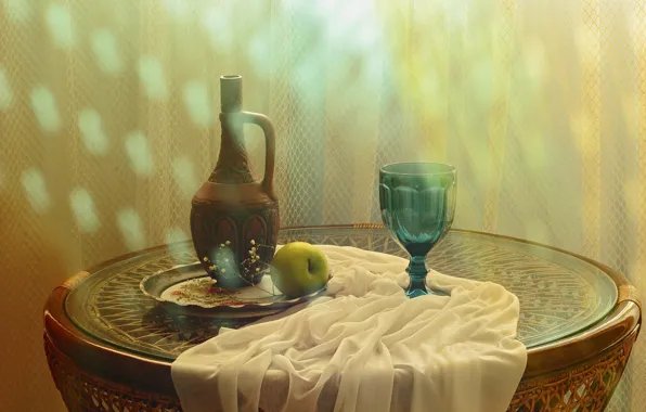 Light, table, glass, bottle, Apple, pitcher, still life, items