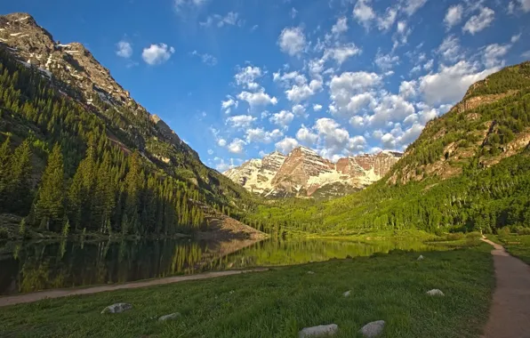 Picture the sky, clouds, trees, mountains, lake, path