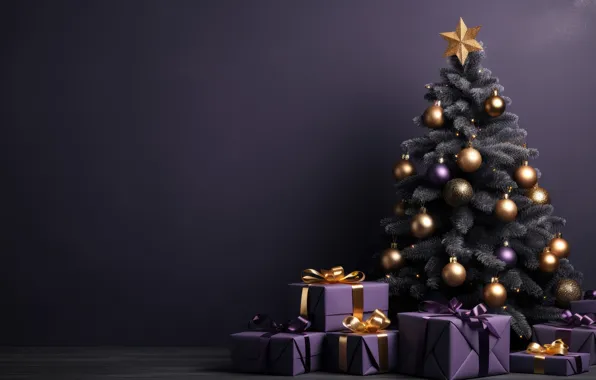 Balls, the dark background, Christmas, purple, gifts, New year, tree, bows