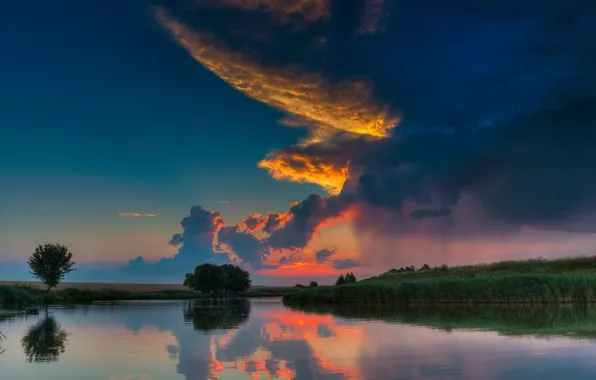 The sky, clouds, sunset, river