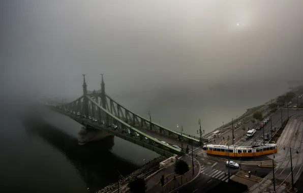Bridge, the city, fog, Hungary, Budapest