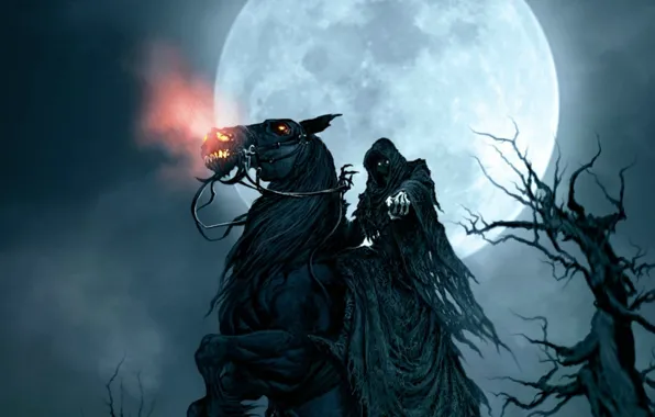 Death, the full moon, horseman of the Apocalypse, burning eyes, rags, Sawan, black horse