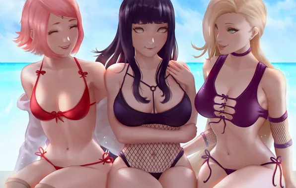 Summer, sexy, cleavage, Sakura, pink hair, long hair, girls, boobs