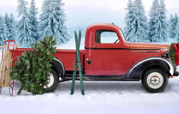 Picture forest, ski, tree, sleigh, Christmas wreath, Machine Santa