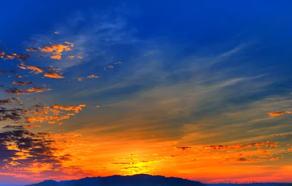 The sky, clouds, sunset, mountains, glow