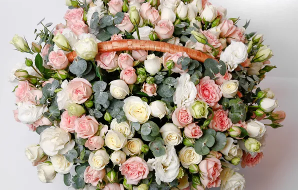 Picture basket, roses, bouquet, buds, Roses, basket, eustoma, luxury