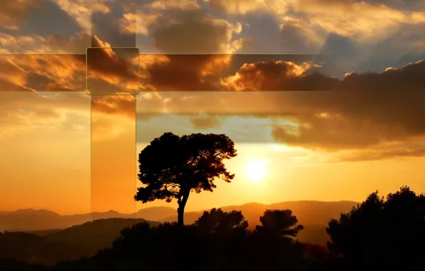 TREE, HILLS, MOUNTAINS, The SKY, CLOUDS, SUNSET, DAWN, SILHOUETTES