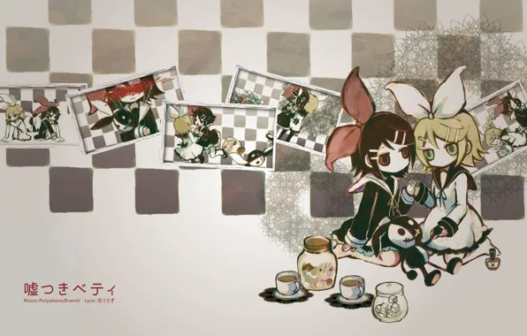Girls, tea, toy, bows, vocaloid, Kagamine Rin, Vocaloid