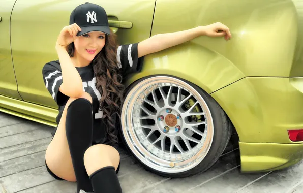 Auto, look, Ford, Girls, cap, Asian, beautiful girl, posing on the car