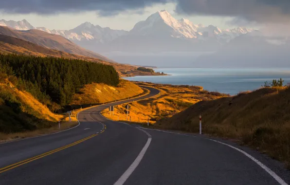 Picture road, forest, mountains, New Zealand