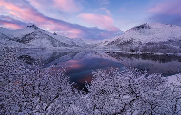 Winter, snow, mountains, lake