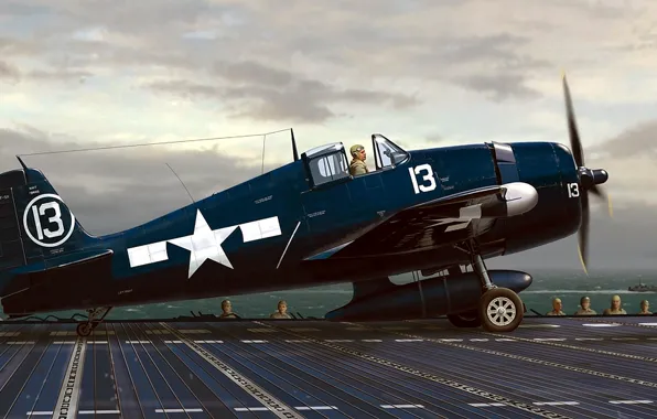 Picture figure, art, the carrier, Grumman, Hellcat, carrier-based fighter, F6F