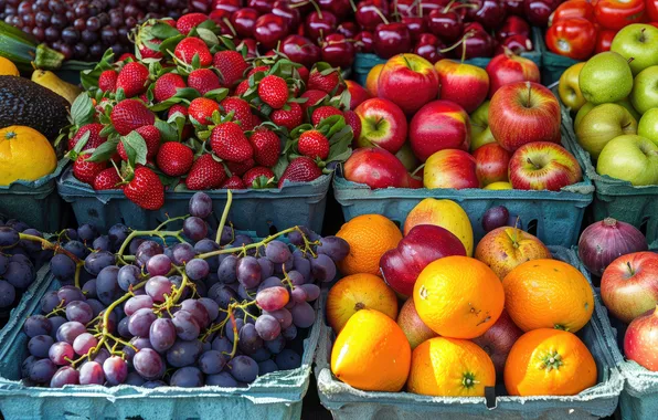 Summer, berries, apples, oranges, strawberry, grapes, fruit, a lot