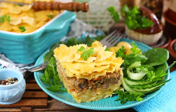 Greens, filling, pasta, casserole