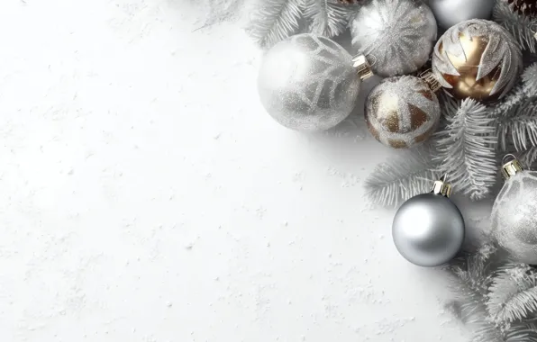 Balls, branches, silver, Christmas, white background, New year, needles, light background