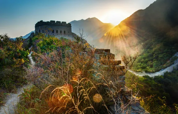 Grass, landscape, China, rays of light, the great wall of China