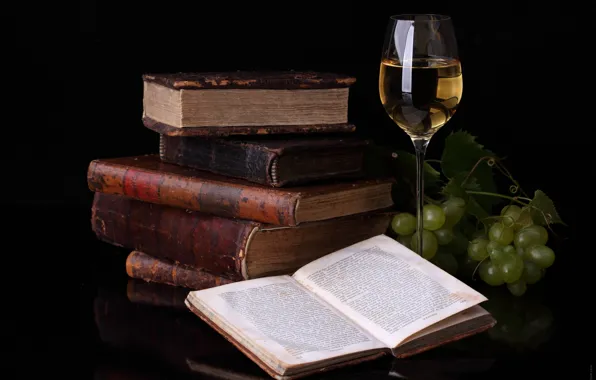 Reflection, wine, glass, books, grapes, food for thought