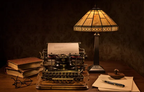 Picture lamp, glasses, typewriter